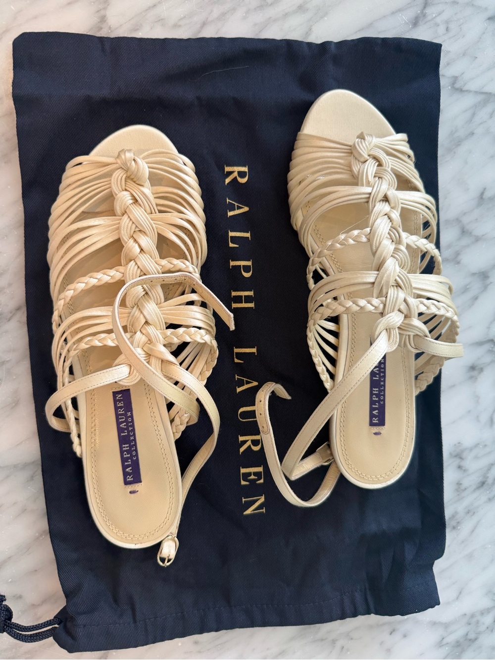 Purple Label Ralph Lauren Cream Braided Lace-Up Strappy Sandals